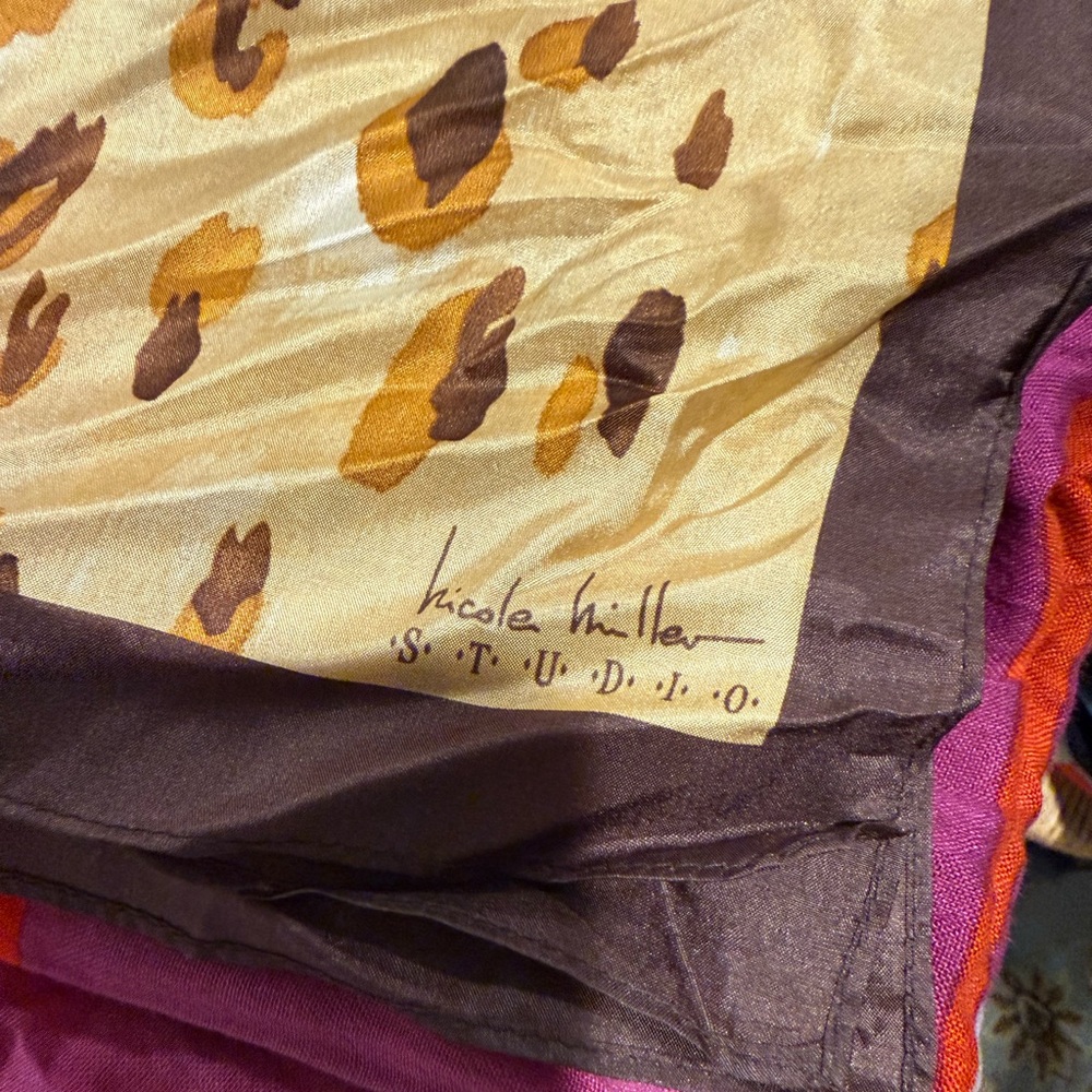 Nicole Miller Studio Brown and Tan Animal Print Silk Scarf - Picture 6 of 6